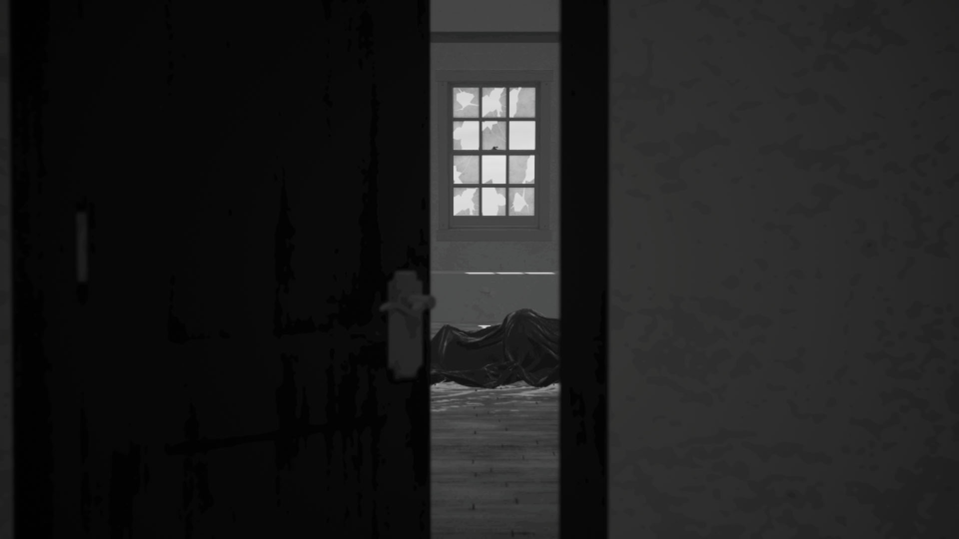 Monochromatic screenshot from the game with a partially open door and a motionless figure on the ground.