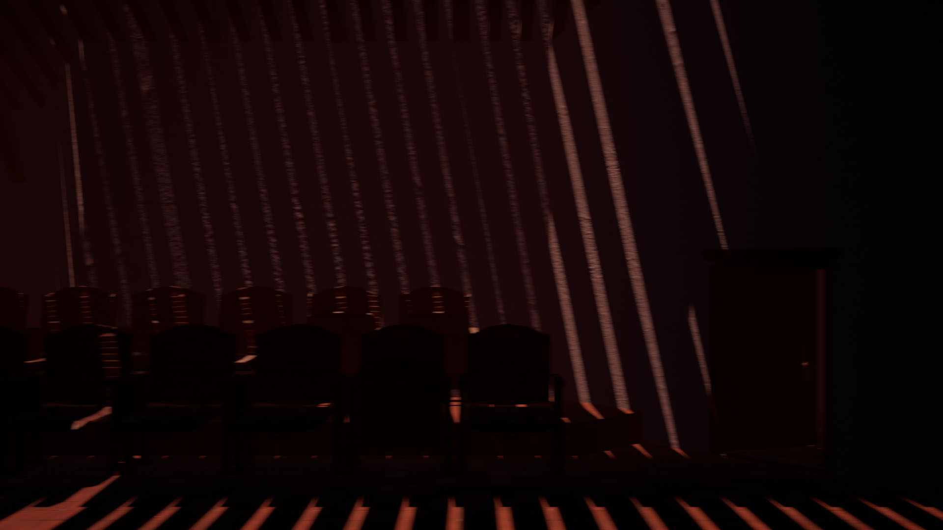 Game screenshot showing chairs arranged in a room with dramatic lighting and shadows cast from the ceiling.