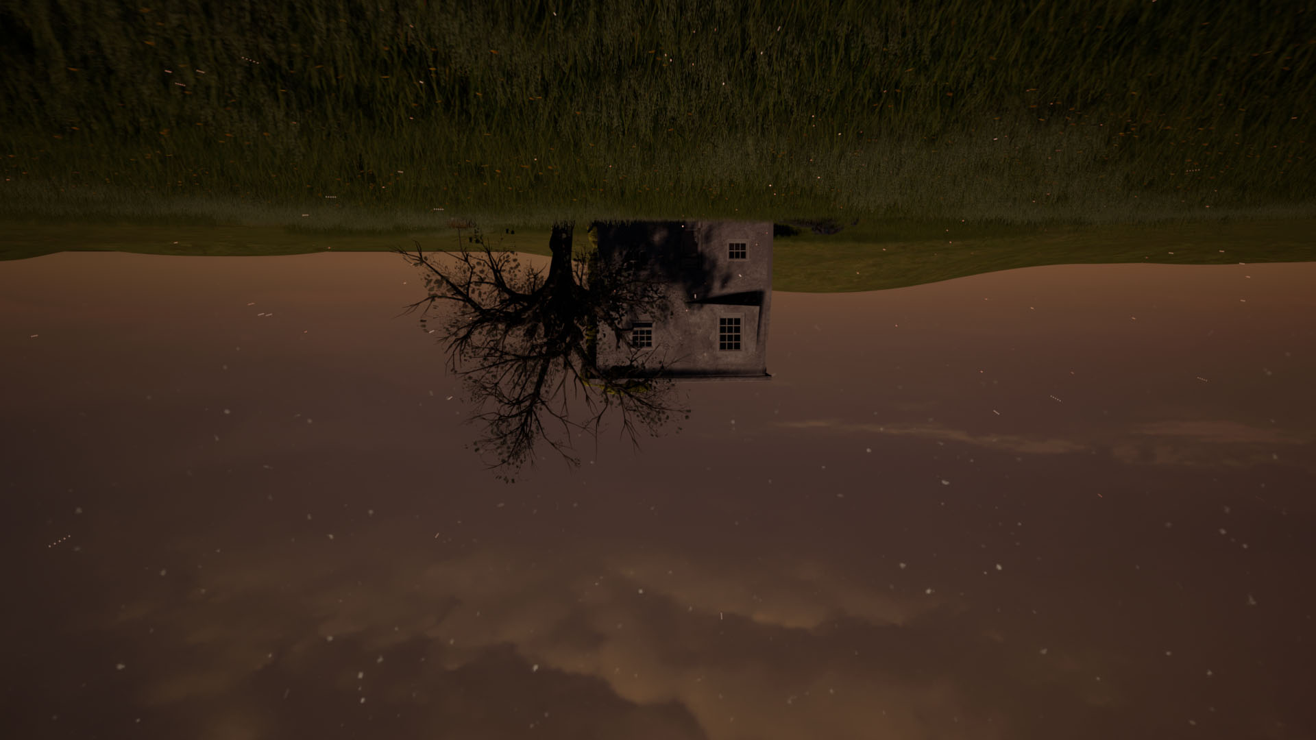 Screenshot from the game with an inverted world, showing a house, a tree, and grass against a grey sky.
