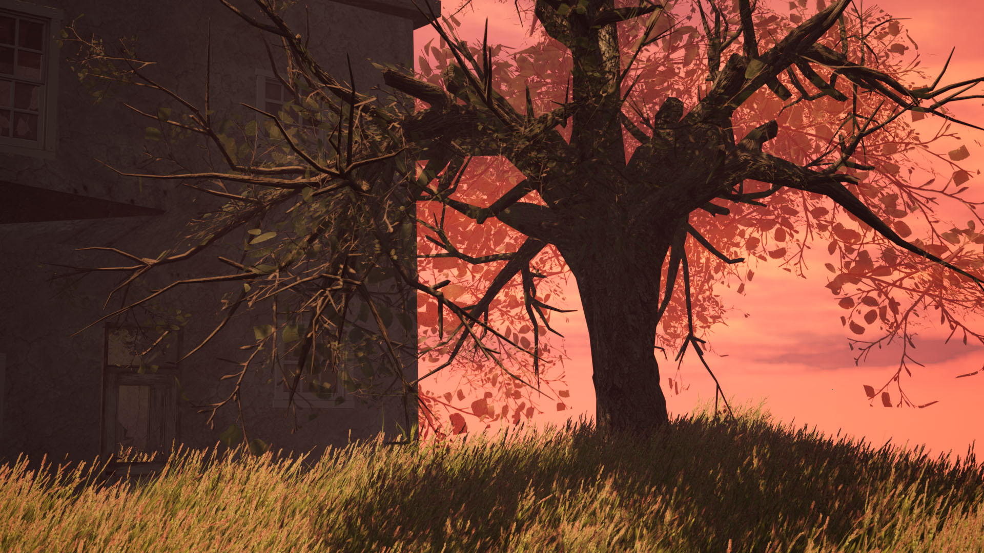 Screenshot from the game showing a serene landscape of a house, trees, and grassy fields against a the pink sky.