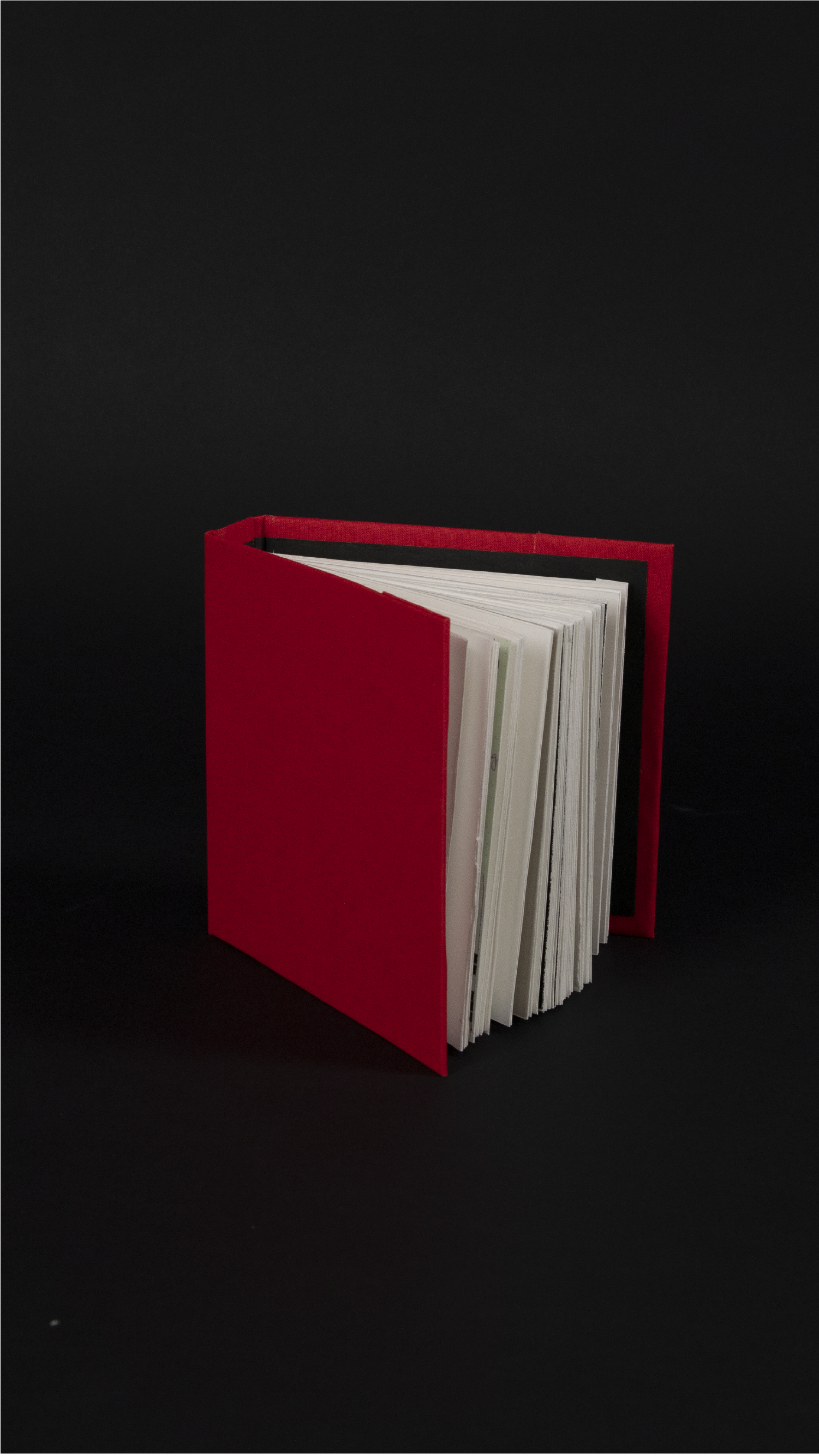 A red-colored book, standing on its base, upright, placed at an angle with pages facing the front right corner.