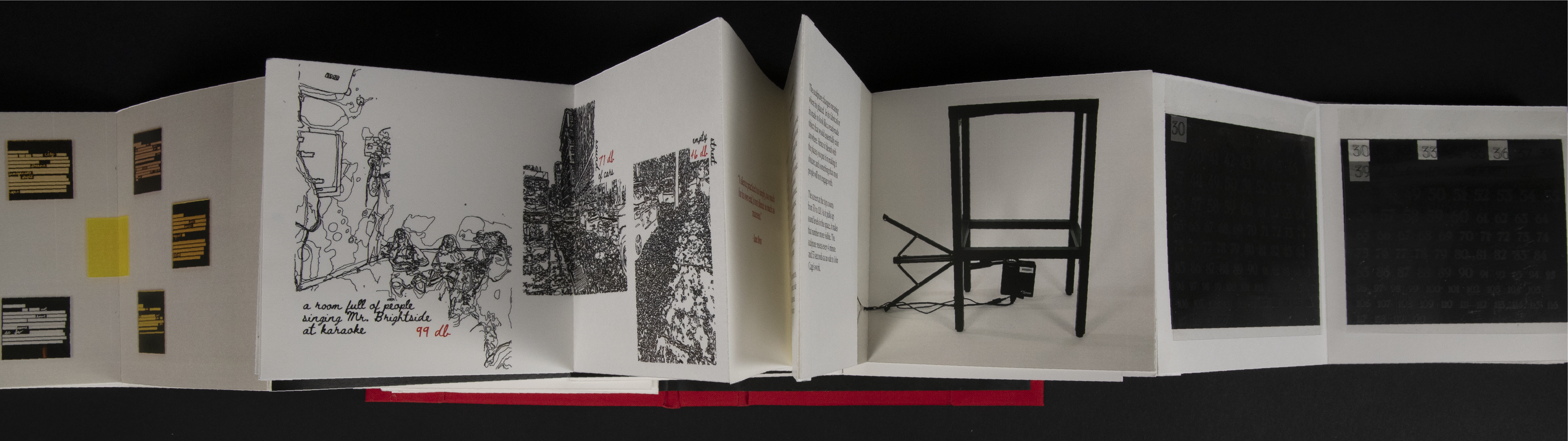 Book opened, pages fanned, showing multiple parts of the book and overlapping content. Book content includes images of a series of projects (from left to right): mirrored acrylic squares, drawings with decibel levels of instances, a table sculpture that records sound, data visualization of the sound.