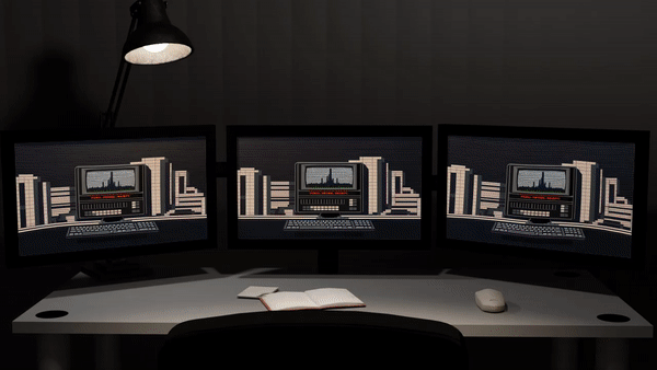 Pixel Patrol's three-monitor installation displaying dynamic content on each screen.