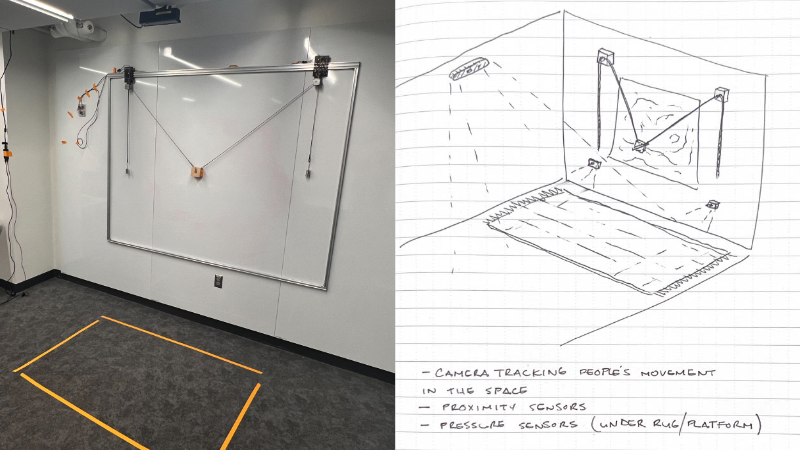 A side by side image, one with the final state of ADM, a metal frame hanging upon a whiteboard, and the other with a rough sketch of the first.