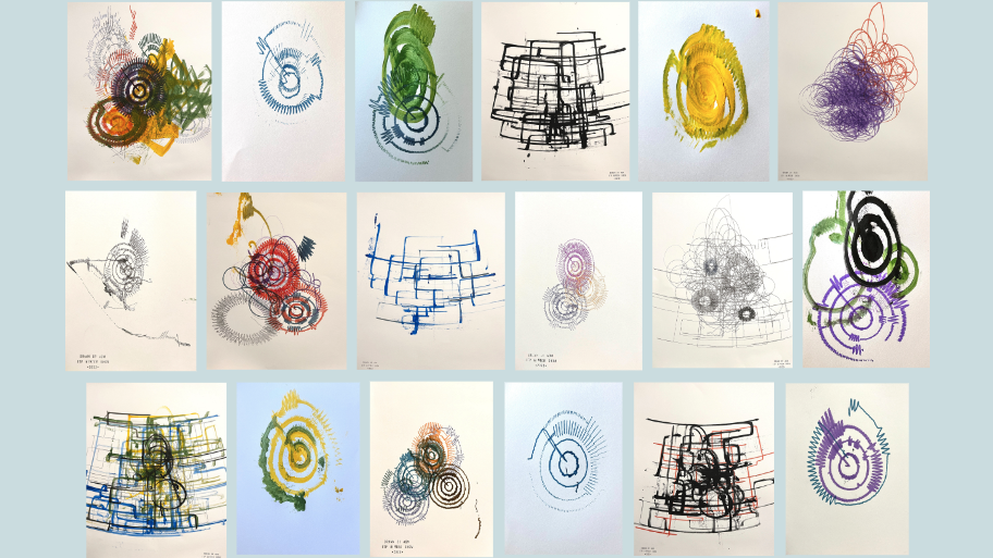A collage of 18 pieces of colorful lines and circles created during the Winter Show.