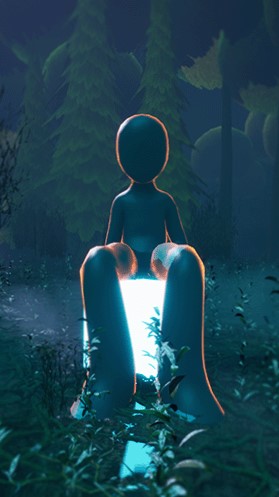 A character sits on an illuminated cube with his hands on his lap, surrounded by a dimly lit forest.