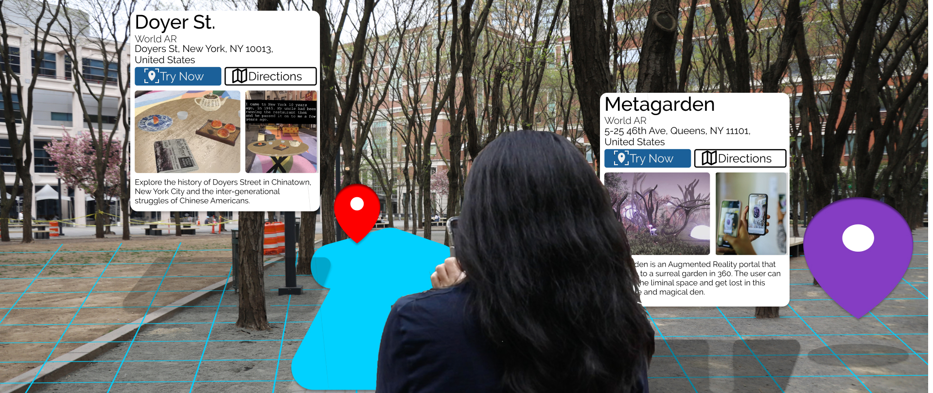 image of someone standing facing away from the camera looking at their phone towards a pathway. User interfaces describing AR experiences float mid air on both sides next to map pins.