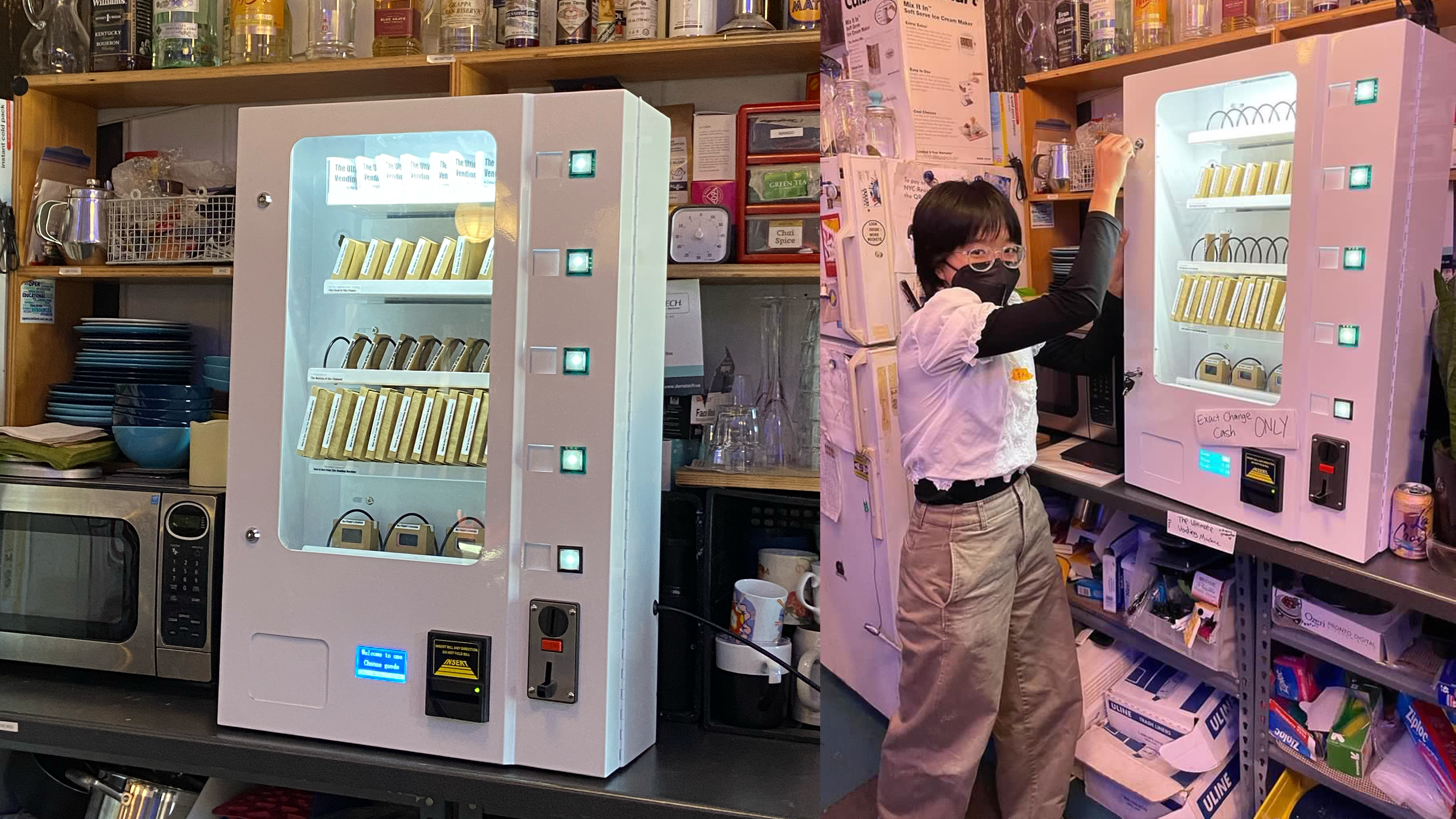 Two images. On the left: A white full vending machine displaying on a kitchen shelf. There are bottles of alcohol and random kitchen items in the background. On the right: the artist loading the vending machine with both of their arms raised reaching to the keys on the vending machine. The artist is looking at the camera.