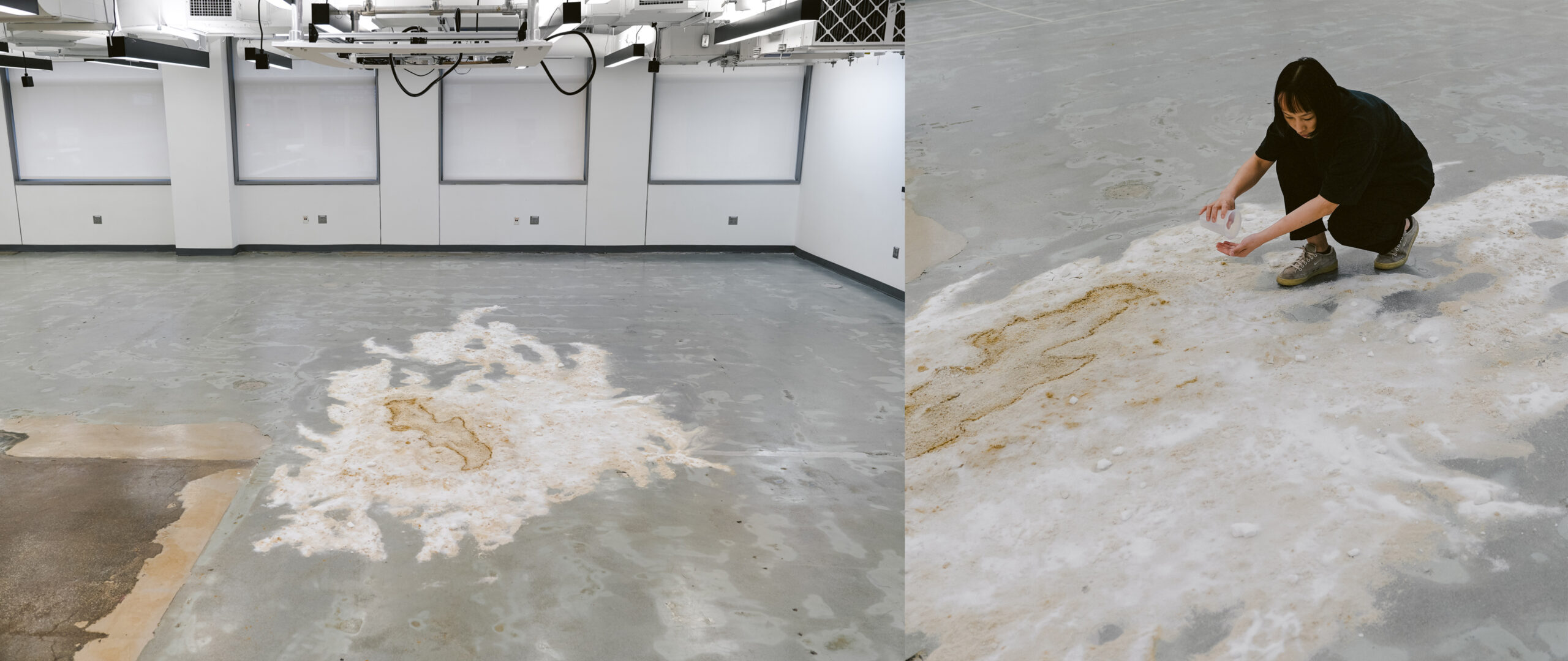 a salt-scape installation in a room, and the artist is creating it.