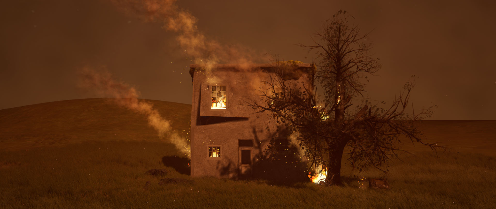 Burning house in grassland with orange sky and grey clouds - screenshot from the game