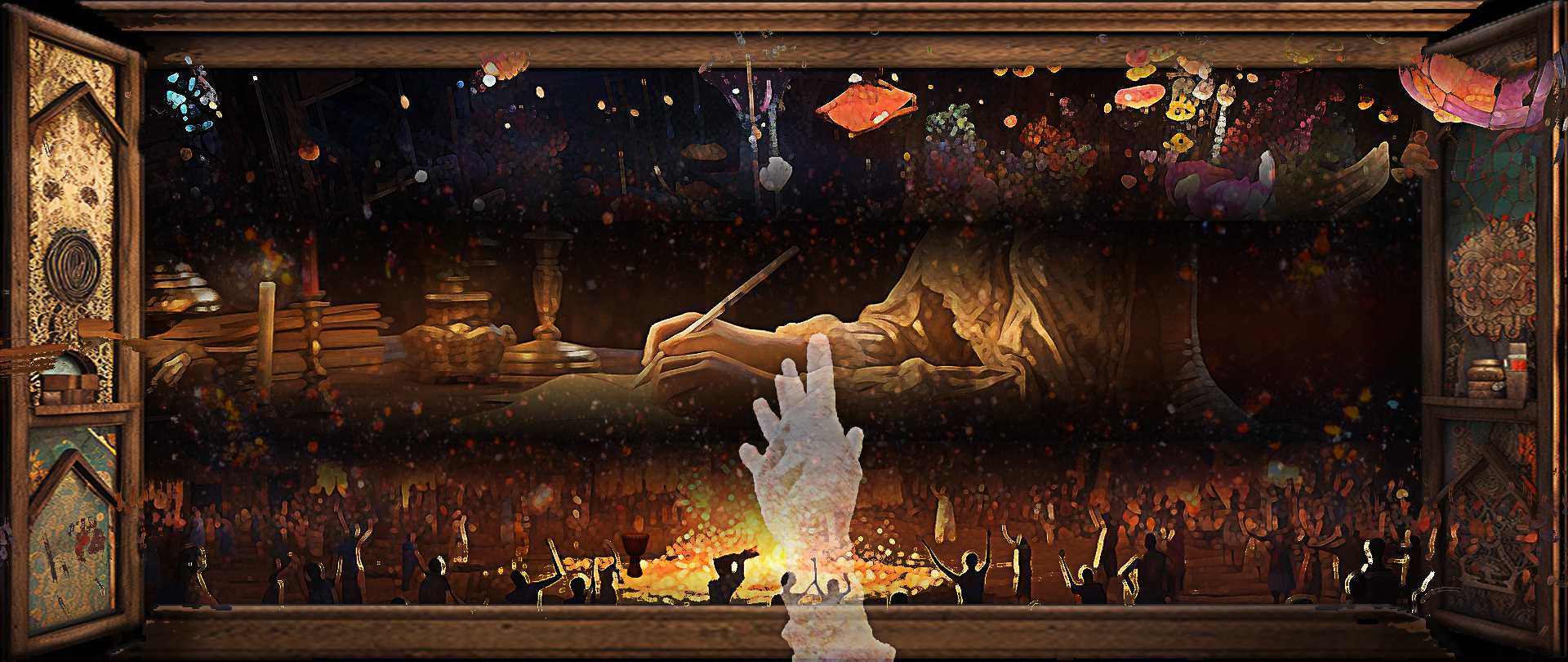 An AI-generated hand reaches for an open cabinet that shows a mix of the project's three main scenes: 1. the World of Manwha; 2. the Quill Writing scene; and 3. the djembe celebration scene