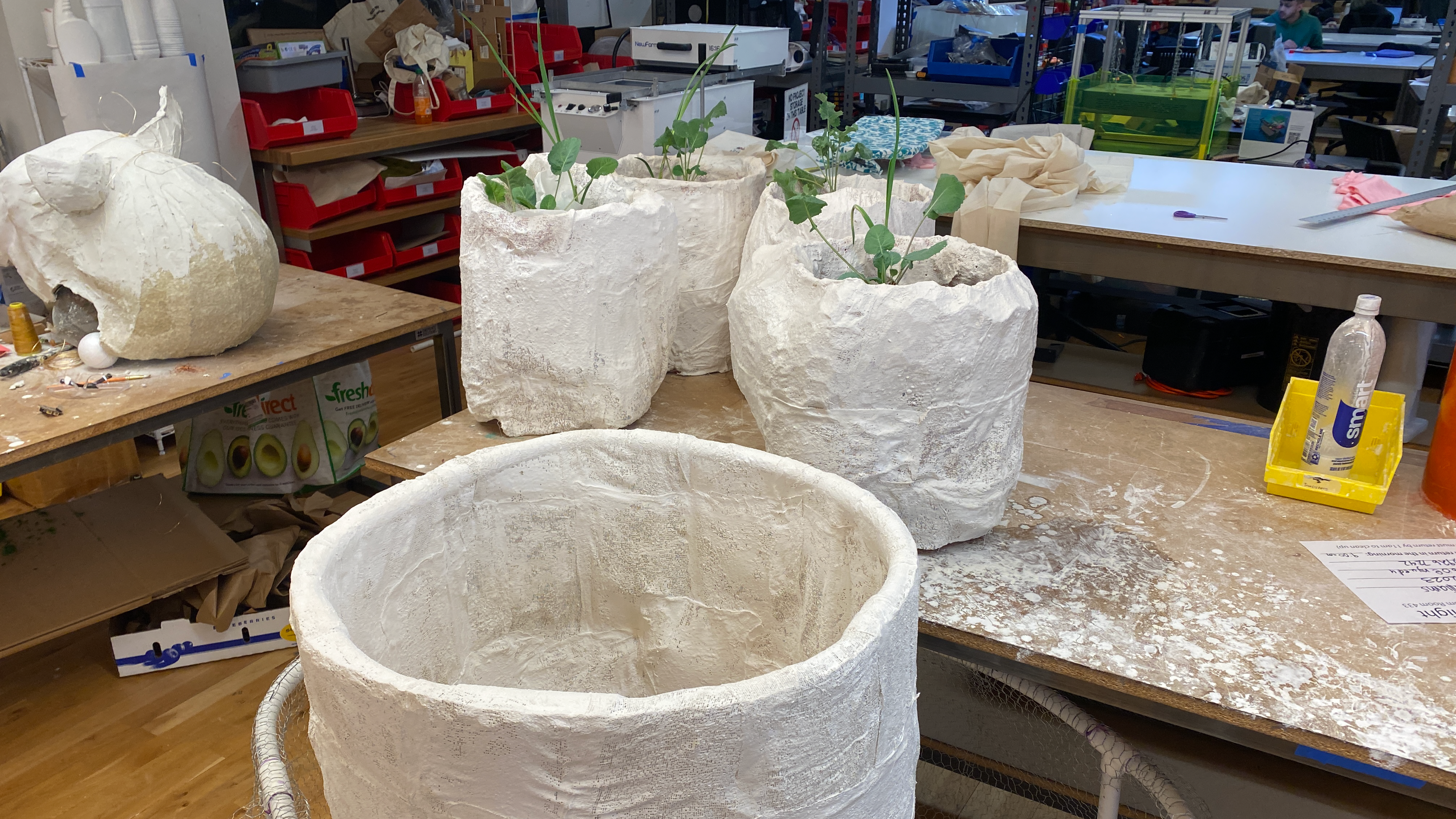 The top of a plaster tower sits in the foreground. Three plaster pots sit on a wooden table top. Each pot has green leaves from a collard plant sticking out the top.