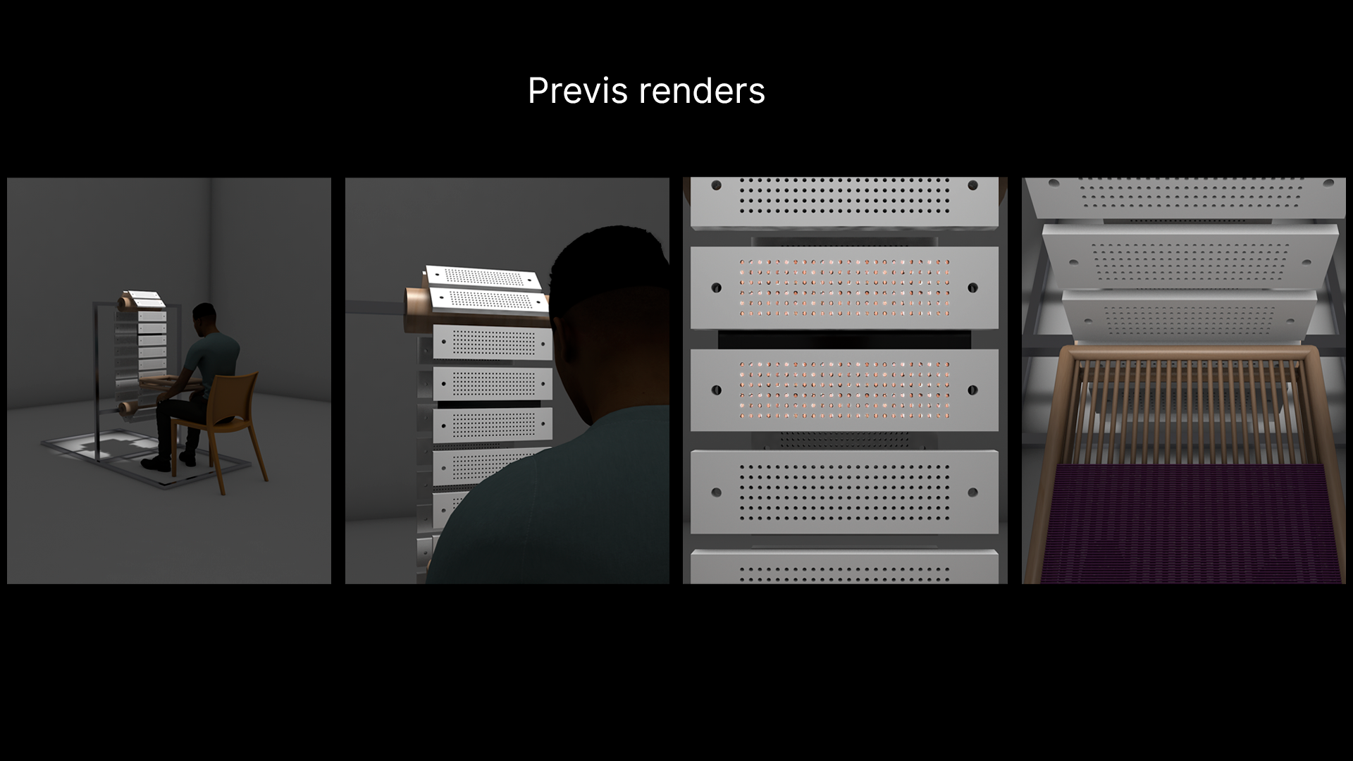 Image showing 4 3D renders showing the user flow. The first render is of the complete installation with a participant sitting in front of it. The second render is a close-up of the jacquard cards with the participant still on the right side of the frame. The third render is a close-up of just the cards with the holes having faces of other people. The fourth render is from the participant's point of view looking down at the loom, with the cards in the top half of the frame.