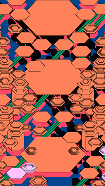 board design. Bright orange, pink, and black color hexagons scattered